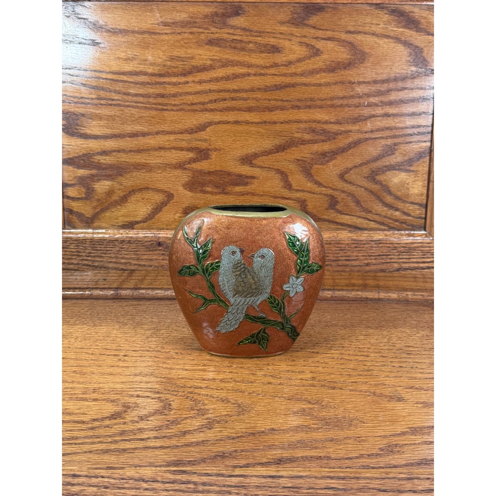 Vintage Cloisonne Bird Bud Vase Copper Enamel Floral Brass Trim 5.5 Inch